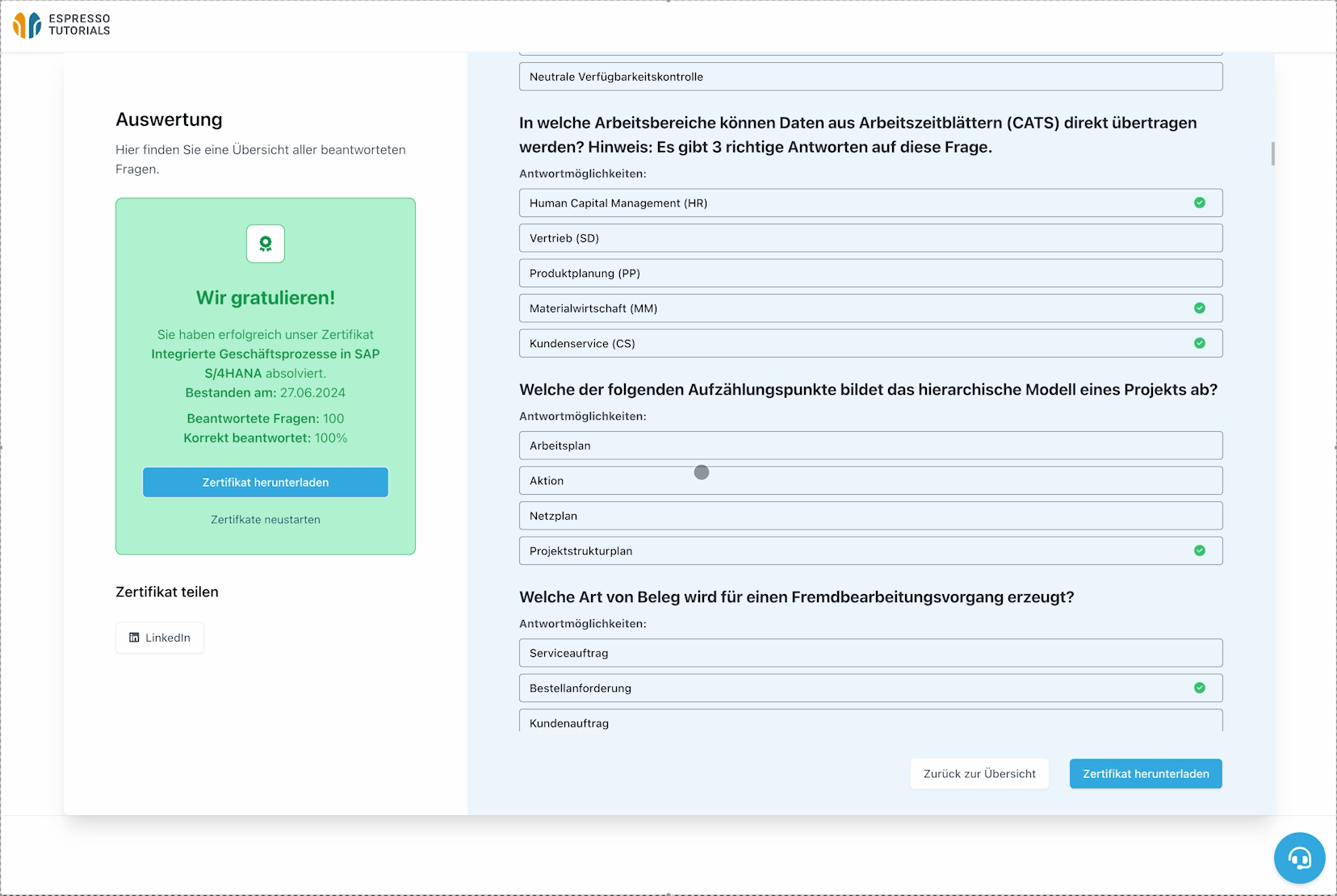 Exportieren Sie Ihr Zertifikat im PDF-Format in Englisch oder Deutsch.